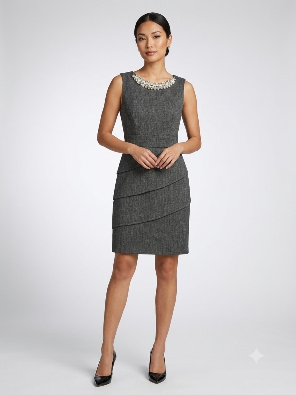 Connected Apparel Charcoal Gray Jewel-Neck Peplum Sheath Dress